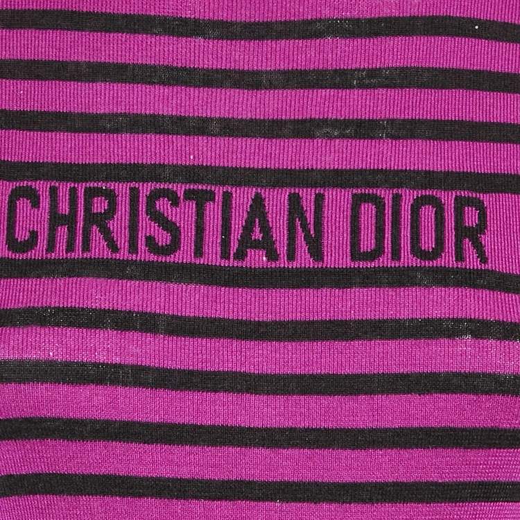 Pre Owned Christian Dior Pink/Black Striped Logo Intarsia Knit Sweater L