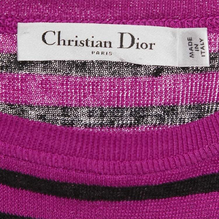 Pre Owned Christian Dior Pink/Black Striped Logo Intarsia Knit Sweater L