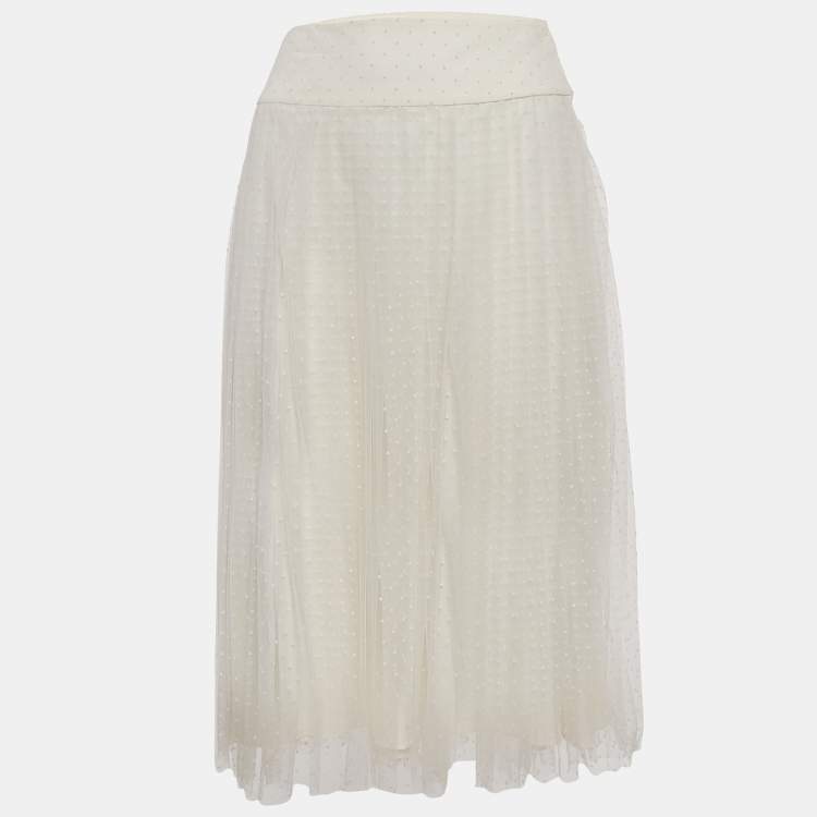 Pre Owned Christian Dior White Flocked Tulle Midi Skirt S