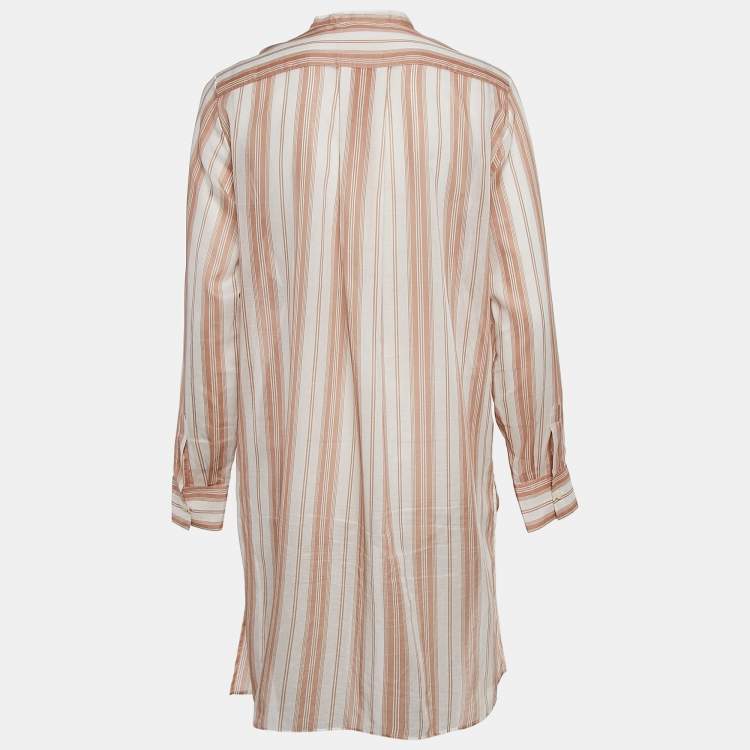 Pre Owned Christian Dior White/Peach Striped Cotton Voile Tunic S
