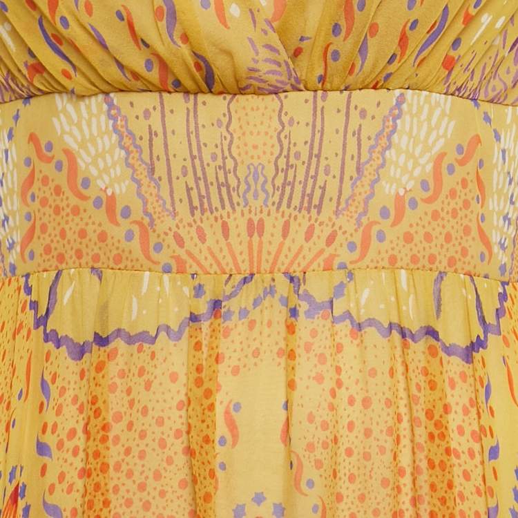 Pre Owned Christian Dior Yellow Printed Silk Maxi Dress S