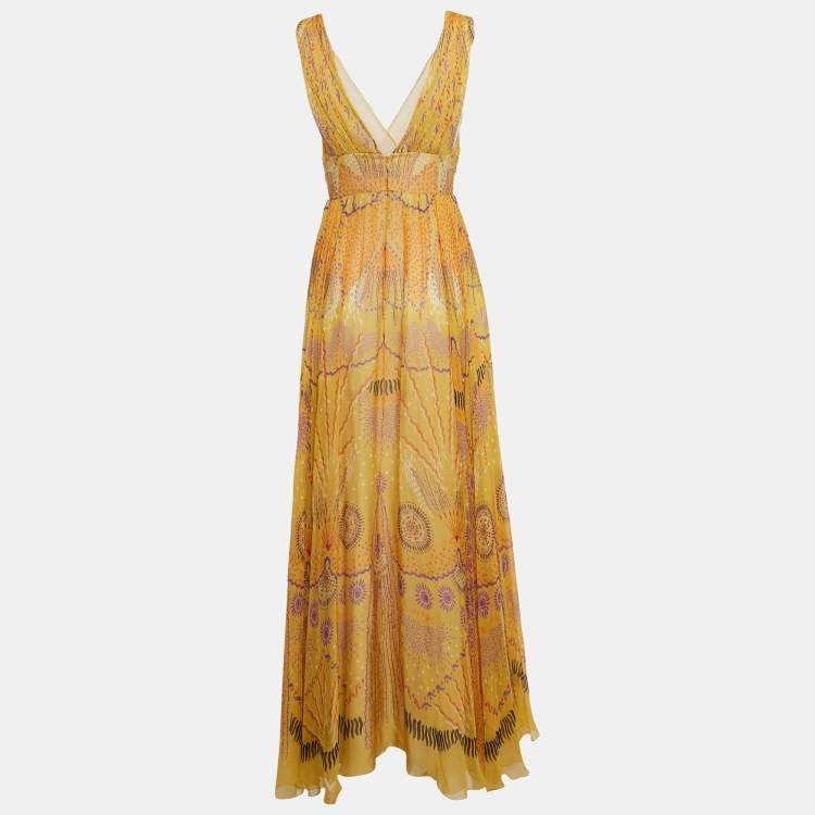 Pre Owned Christian Dior Yellow Printed Silk Maxi Dress S