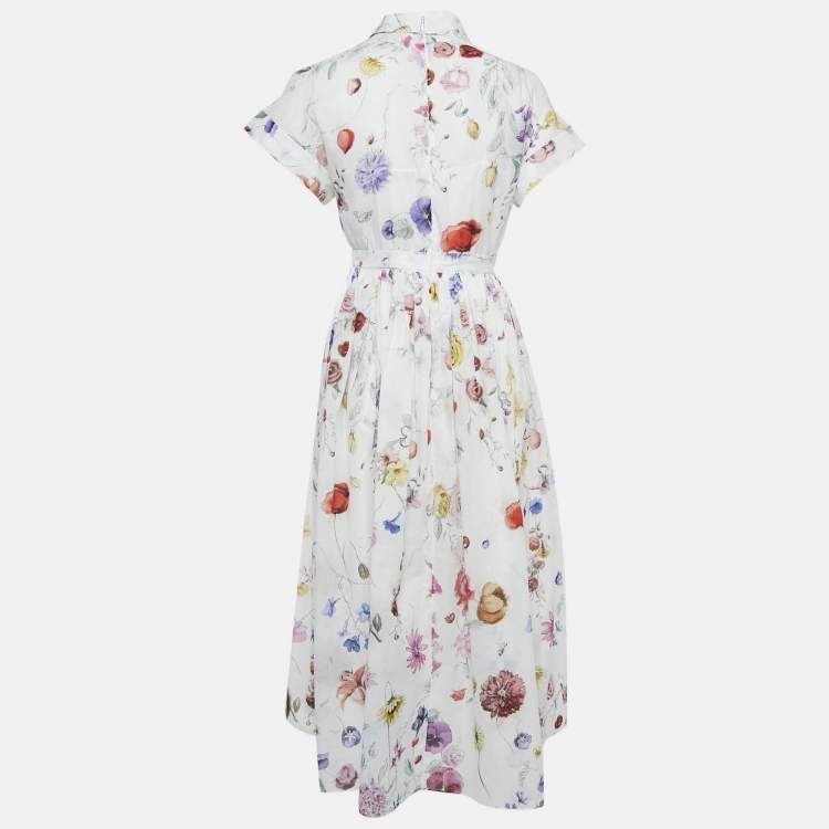 Pre Owned Christian Dior Floral Print Cotton Gathered Midi Dress S