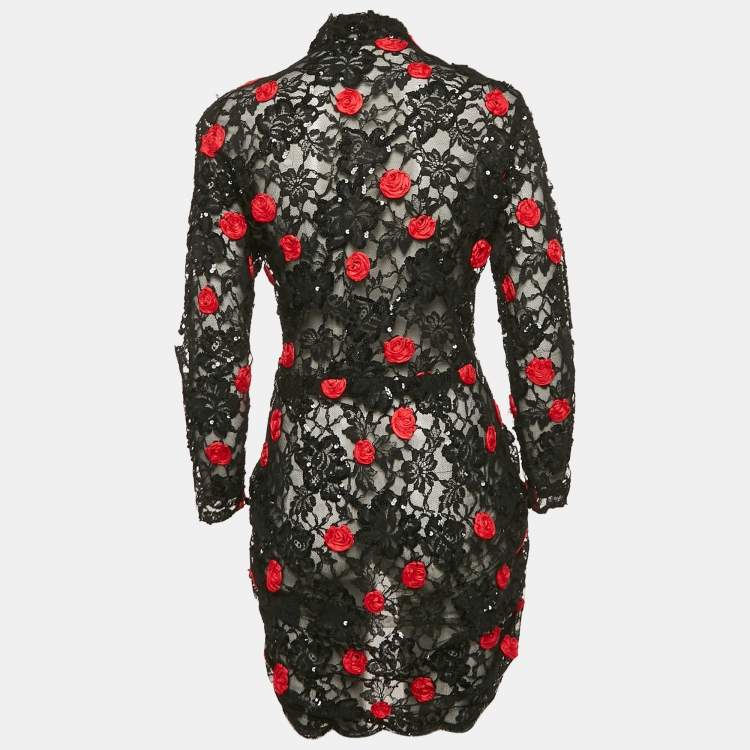 Pre Owned Dior Vintage Black Rose Applique Sequined Lace Bow Detail Short Dress M