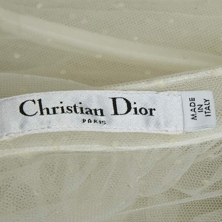 Pre Owned Christian Dior White Flocked Tulle Gathered Midi Skirt S
