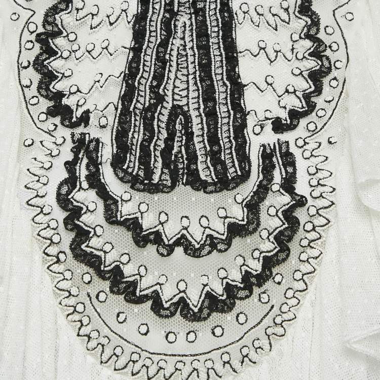 Pre Owned Christian Dior White Beaded Tulle Ruffle Detail Blouse S