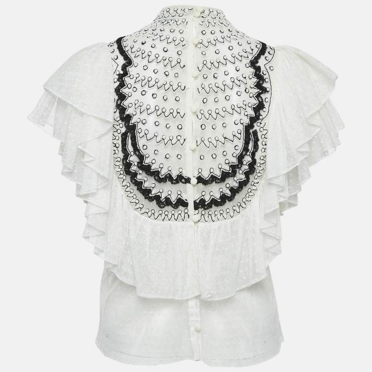 Pre Owned Christian Dior White Beaded Tulle Ruffle Detail Blouse S