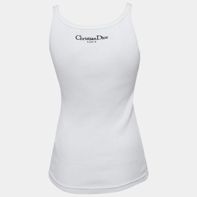 Pre Owned Dior White Logo Embroidery Cotton Rib Knit Tank Top S