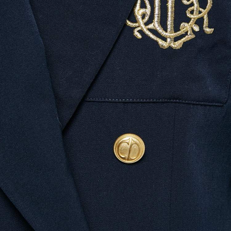 Pre Owned Dior Navy Blue Logo Embroidered Wool Double Breasted Blazer M