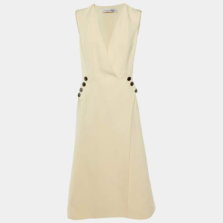 Pre Owned Christian Dior Cream Wool Crepe Sleeveless Blazer Long Dress M