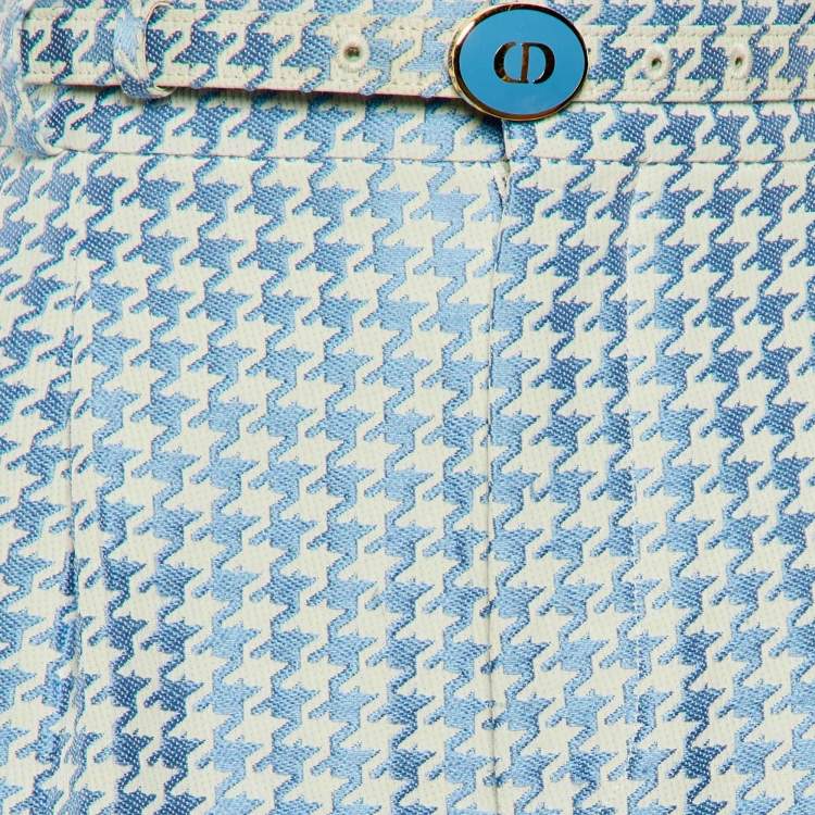 Pre Owned Dior Blue/White Houndstooth Cotton Belted Pants S