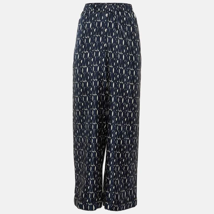 Pre Owned Christian Dior Blue Monogram Print Silk Straight Leg Trousers M