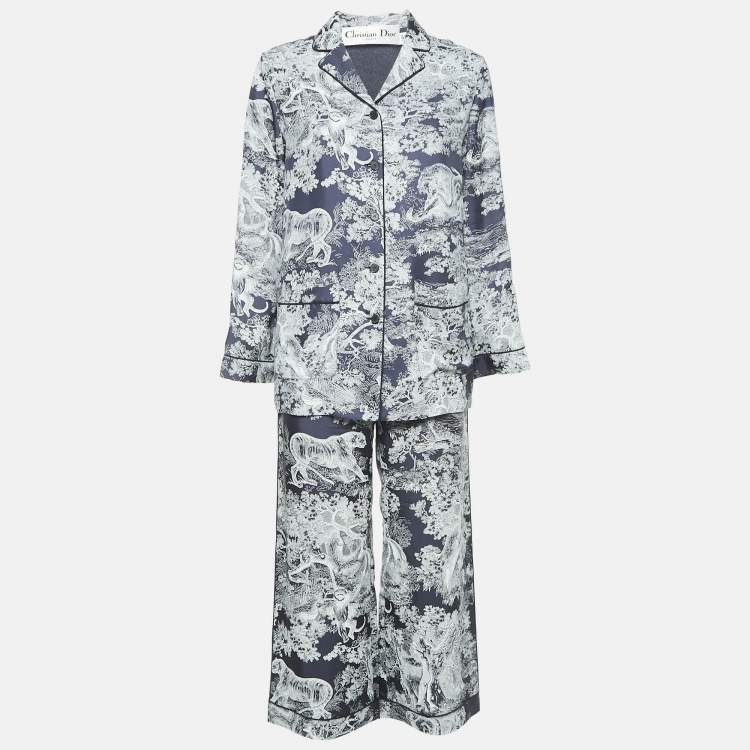 Pre Owned Dior White/Navy Blue Toile de Jouy Print Silk Pants & Top Set S