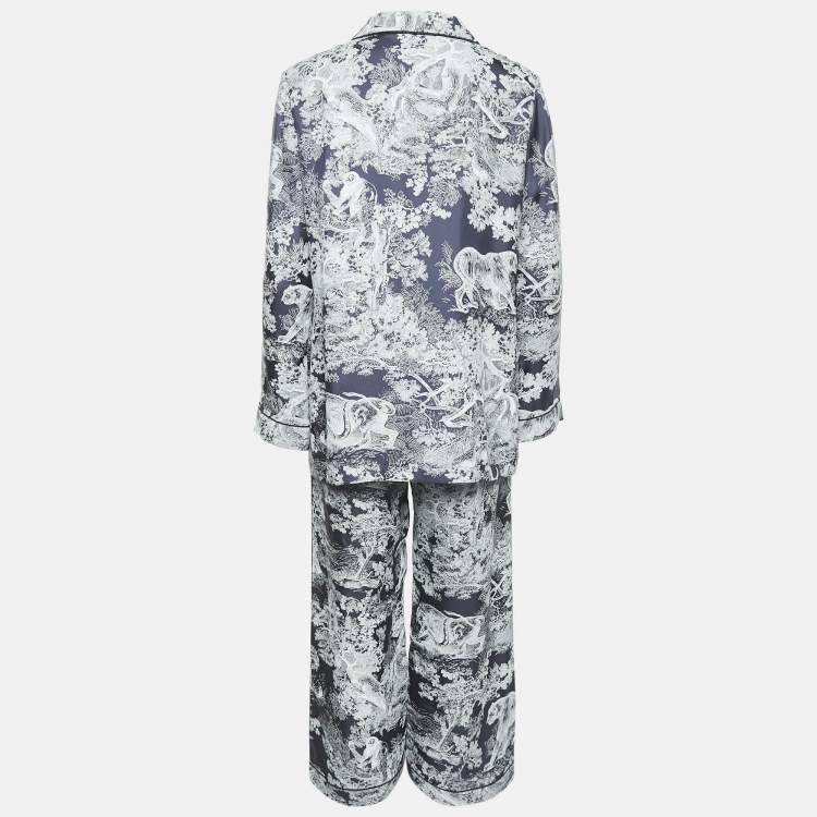 Pre Owned Dior White/Navy Blue Toile de Jouy Print Silk Pants & Top Set S