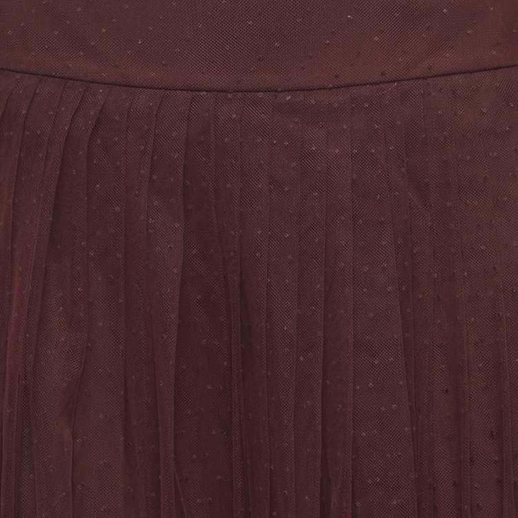 Pre Owned Dior Burgundy Dot Flock Print Tulle Pleated Midi Skirt S
