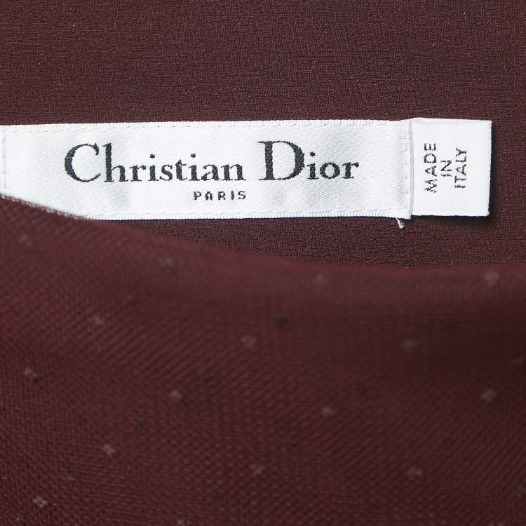 Pre Owned Dior Burgundy Dot Flock Print Tulle Pleated Midi Skirt S