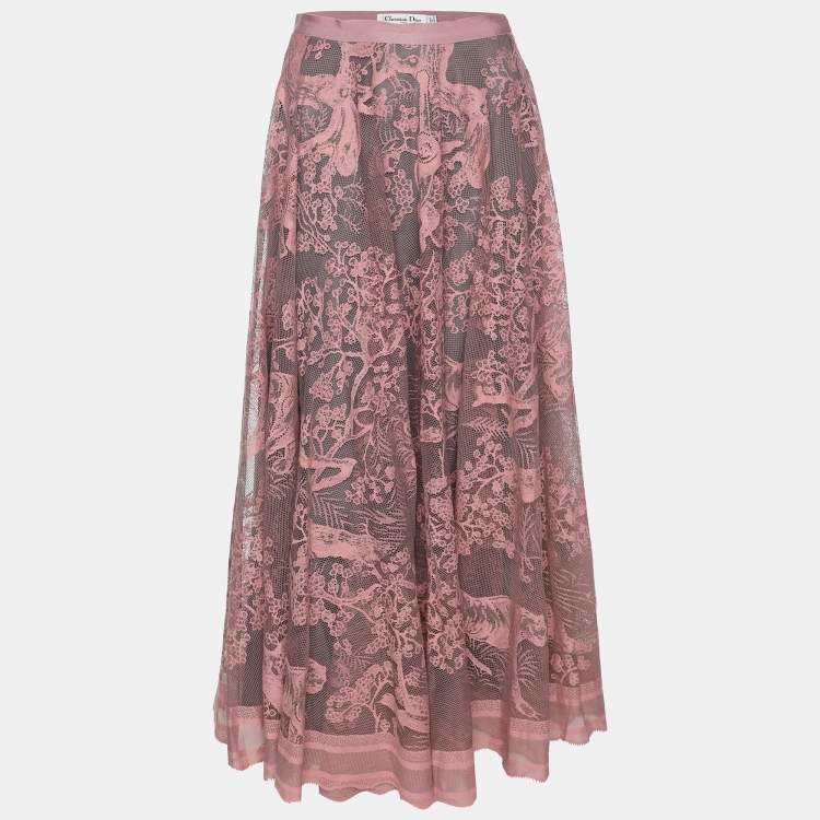 Pre Owned Dior Pink Knitted Lace Dioriviera Flared Midi Skirt M