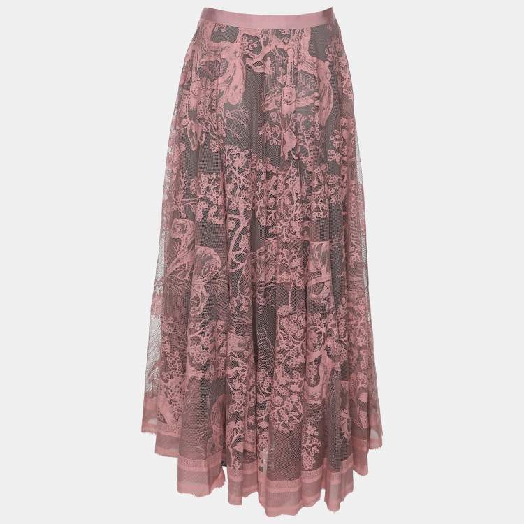 Pre Owned Dior Pink Knitted Lace Dioriviera Flared Midi Skirt M