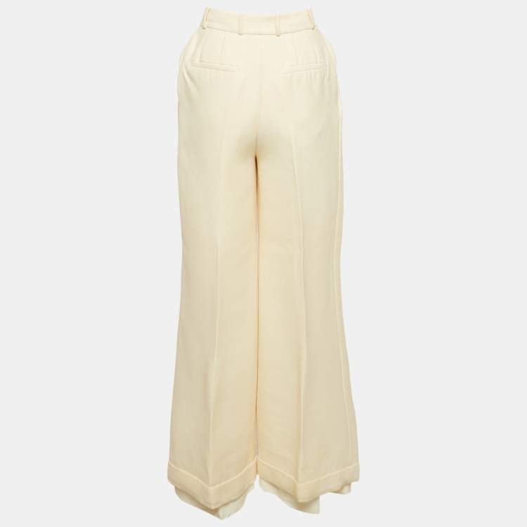 Pre Owned Christian Dior Cream Wool Wide-Leg Trousers S