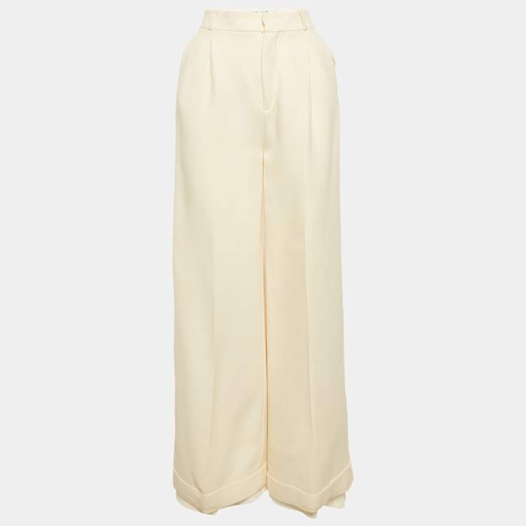 Pre Owned Christian Dior Cream Wool Wide-Leg Trousers S