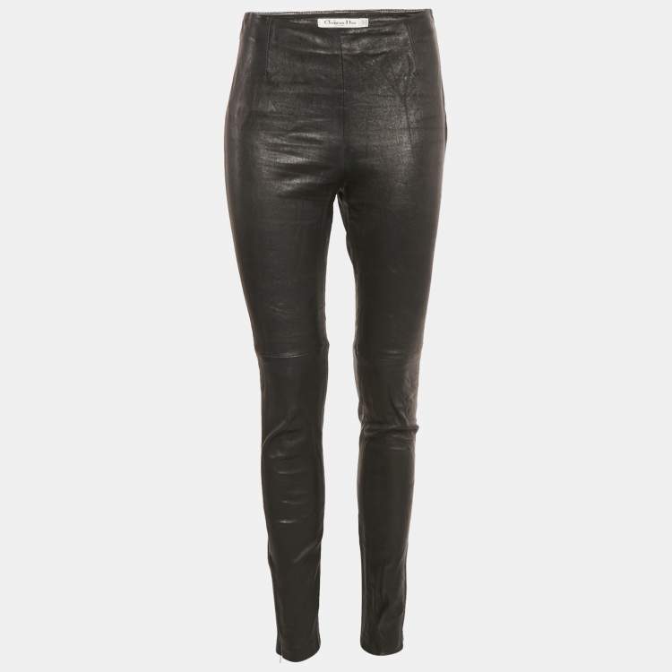 Pre Owned Dior Black Leather Zip-Up Hem Detail Skinny Pants M
