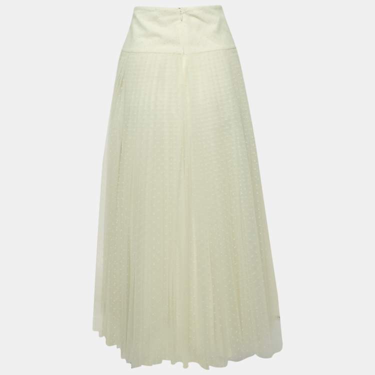 Pre Owned Christian Dior White Tulle Pleated Midi Skirt S