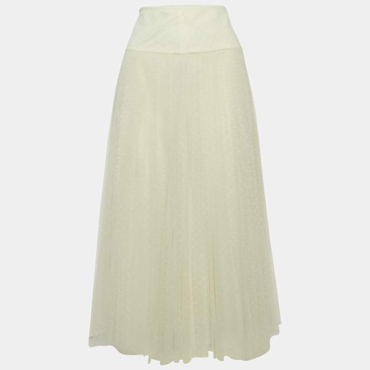 Pre Owned Christian Dior White Tulle Pleated Midi Skirt S