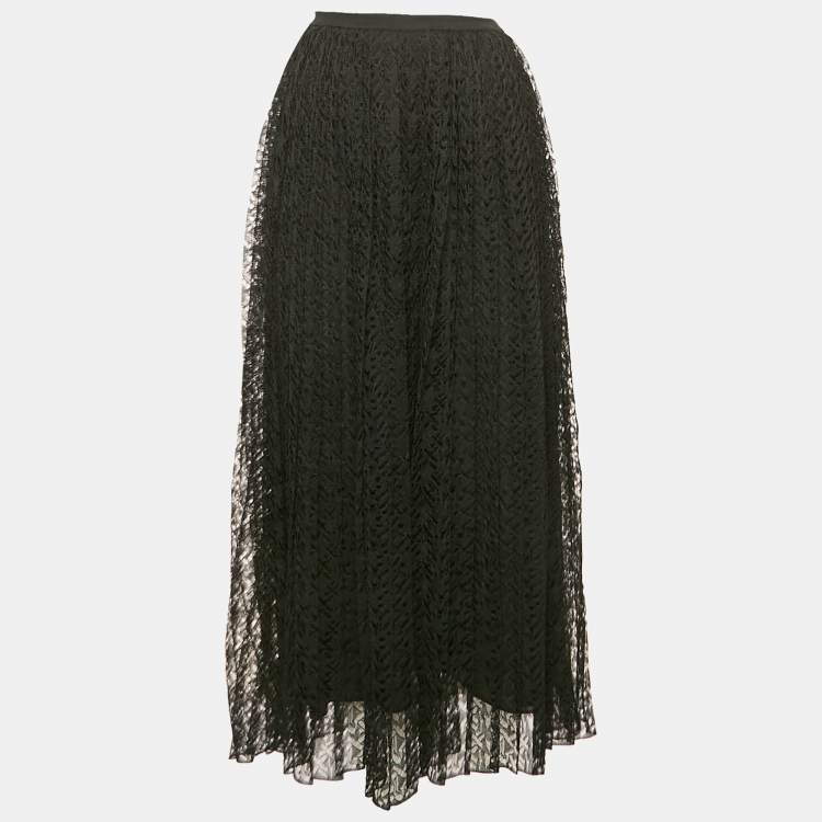 Pre Owned Christian Dior Black Silk Lace Pleated Midi Skirt S