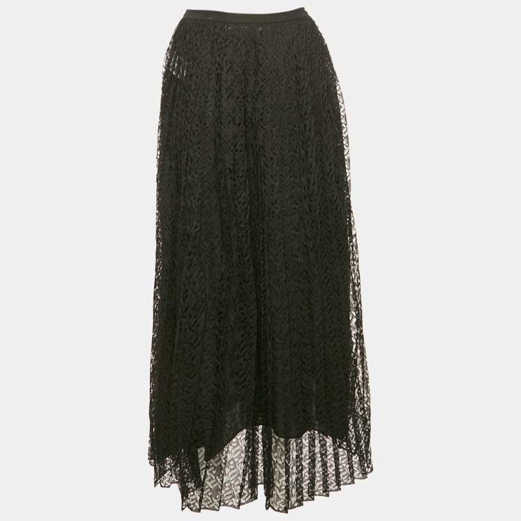 Pre Owned Christian Dior Black Silk Lace Pleated Midi Skirt S