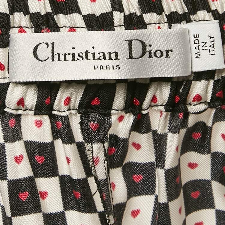 Pre Owned Dior White/Black Checkered Heart Print Silk Pajama Pants M