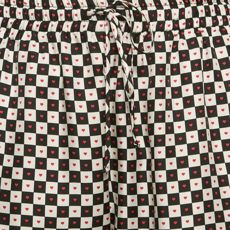 Pre Owned Dior White/Black Checkered Heart Print Silk Pajama Pants M