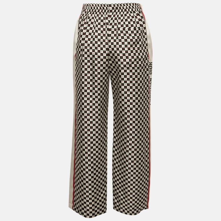 Pre Owned Dior White/Black Checkered Heart Print Silk Pajama Pants M
