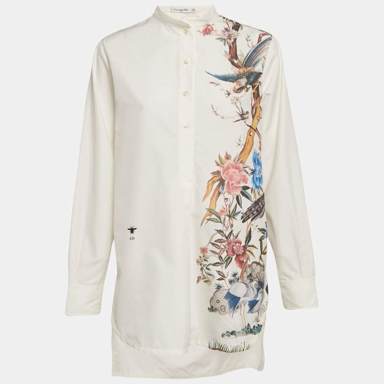 Pre Owned Christian Dior Off White Floral Print Cotton Pleated Shirt Dress S