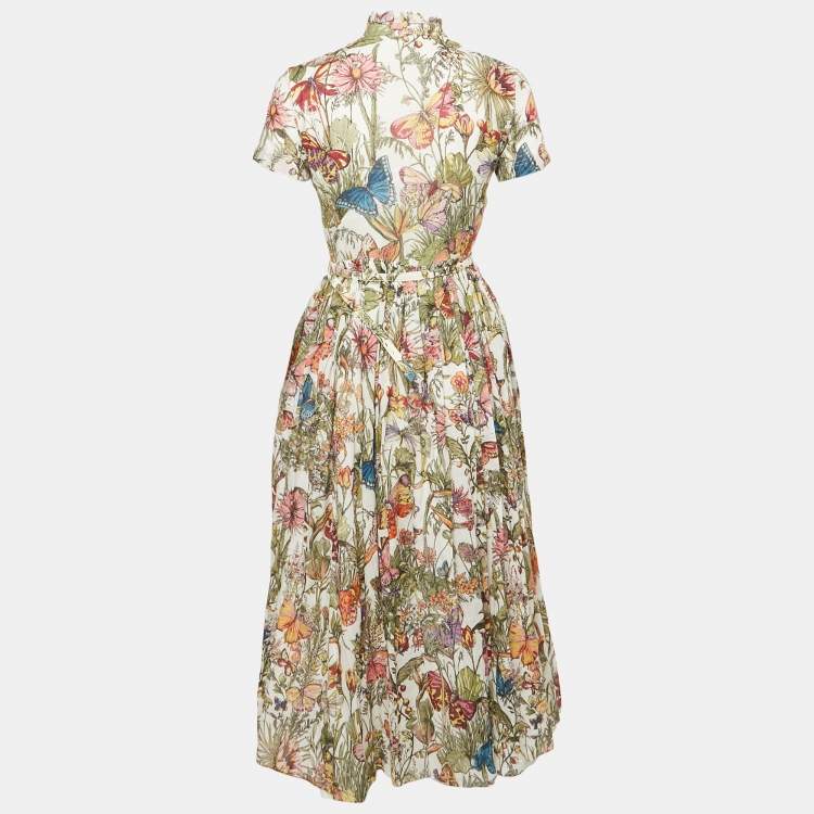 Pre Owned Christian Dior Green Floral Print Cotton Midi Dress S