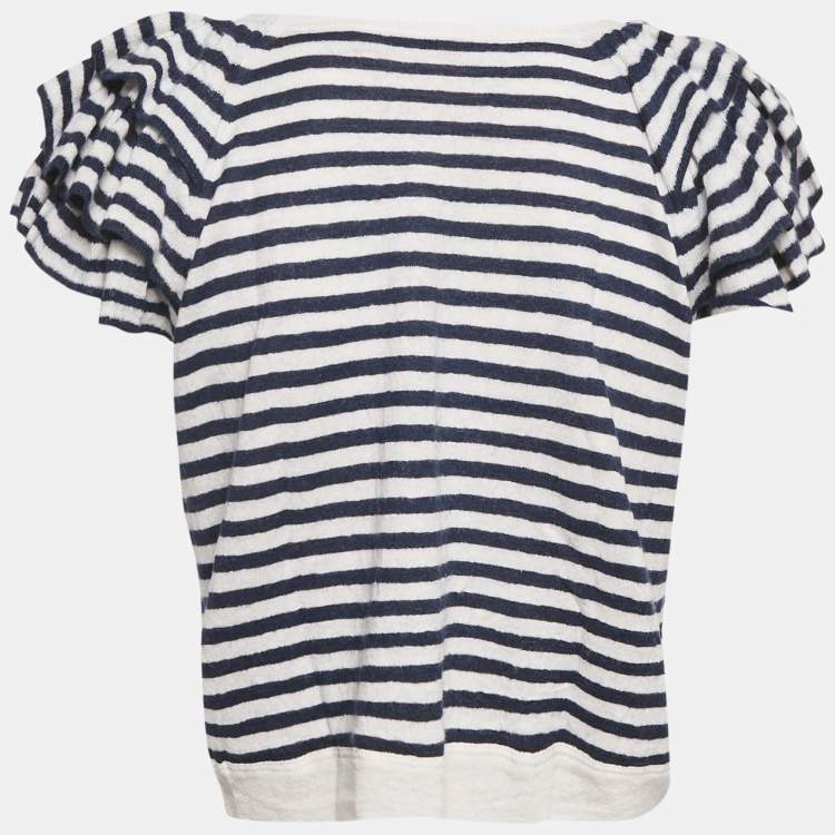 مملوكة مسبقًا Christian Dior Blue Striped Linen Knit Ruffled Sleeve Top M