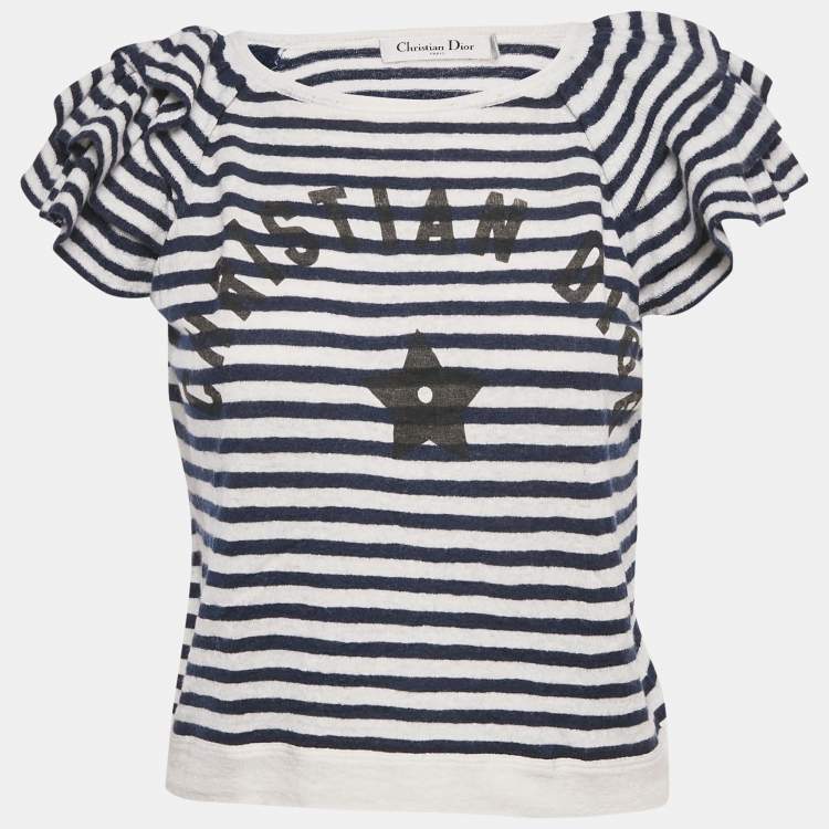 مملوكة مسبقًا Christian Dior Blue Striped Linen Knit Ruffled Sleeve Top M