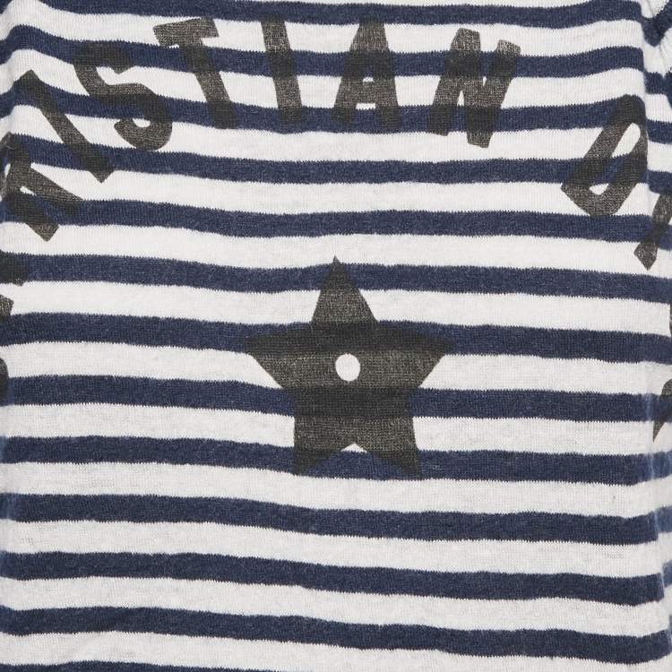 مملوكة مسبقًا Christian Dior Blue Striped Linen Knit Ruffled Sleeve Top M
