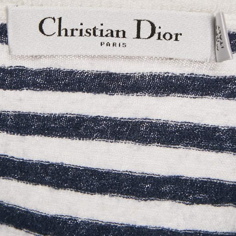 مملوكة مسبقًا Christian Dior Blue Striped Linen Knit Ruffled Sleeve Top M