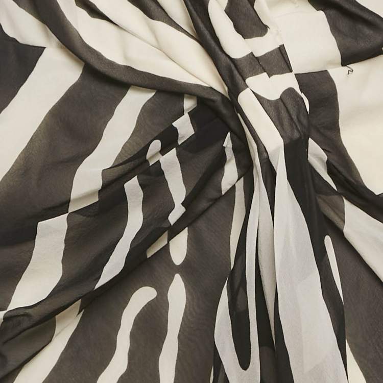 Pre Owned Christian Dior Black & White Printed Silk Draped Maxi Dress L