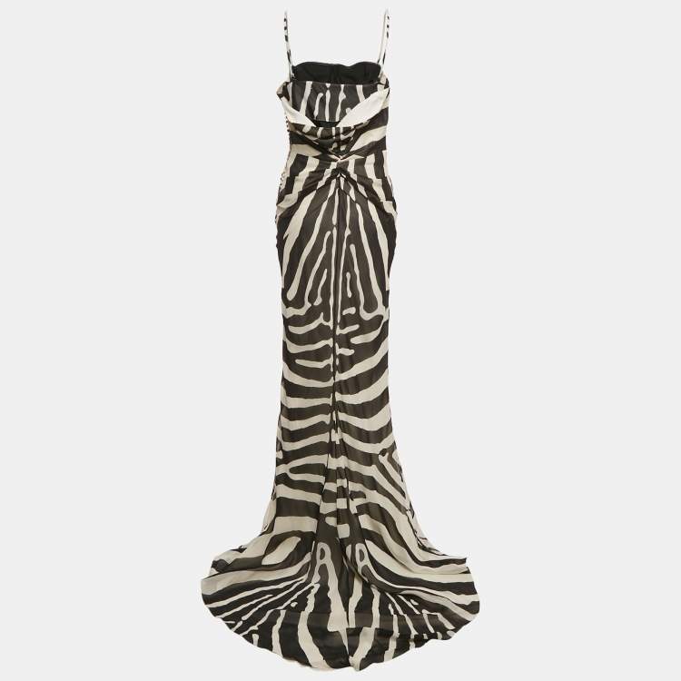 Pre Owned Christian Dior Black & White Printed Silk Draped Maxi Dress L