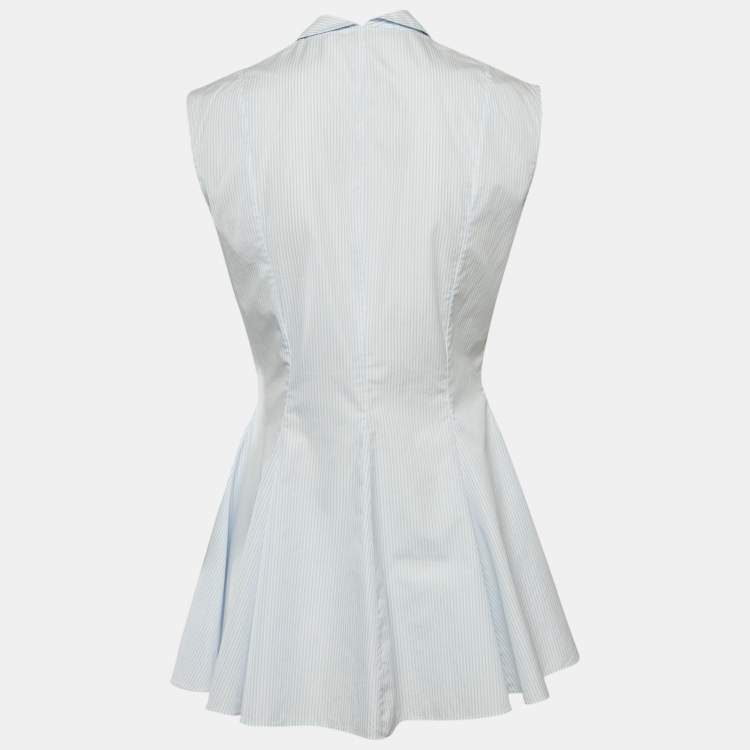 Pre Owned Christian Dior Blue Pinstripe Cotton Sleeveless Flared Shirt Dress M
