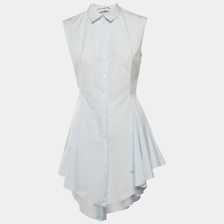 Pre Owned Christian Dior Blue Pinstripe Cotton Sleeveless Flared Shirt Dress M