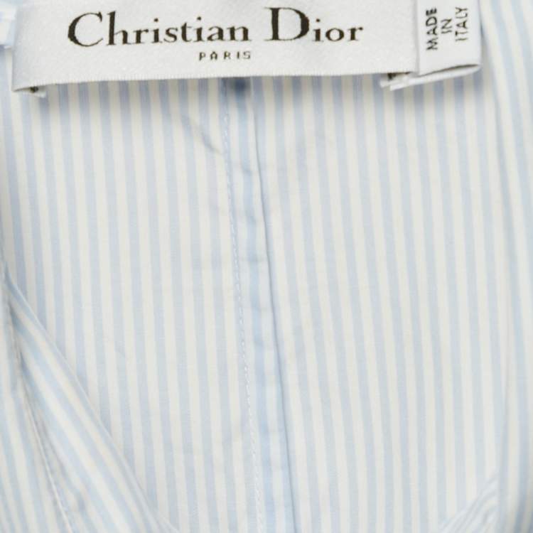 Pre Owned Christian Dior Blue Pinstripe Cotton Sleeveless Flared Shirt Dress M