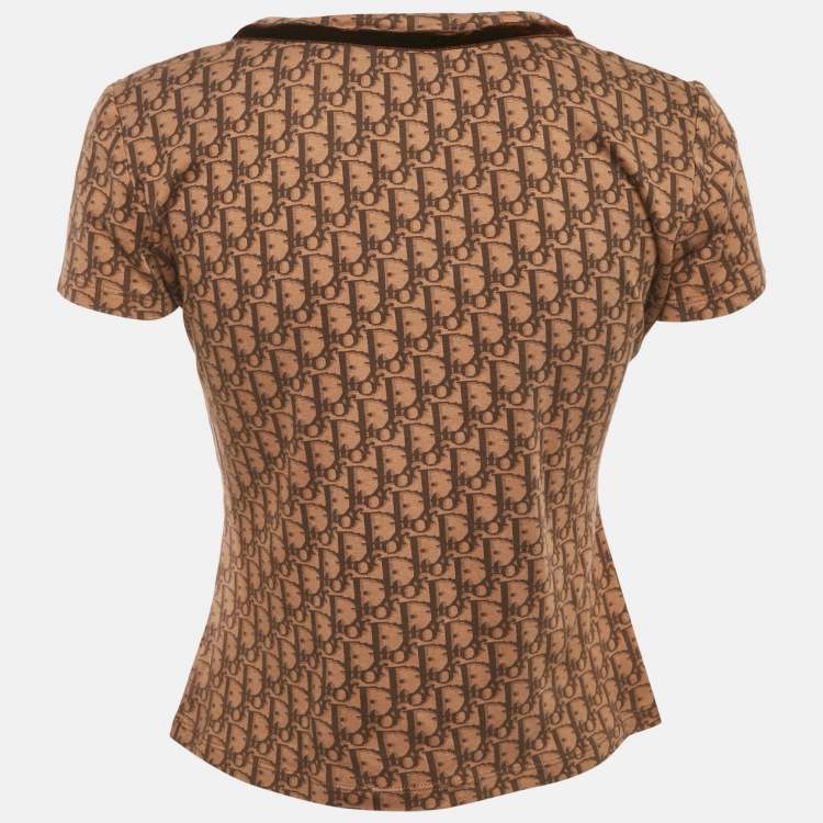 Pre Owned Christian Dior Brown Oblique Jersey V-Neck Top M