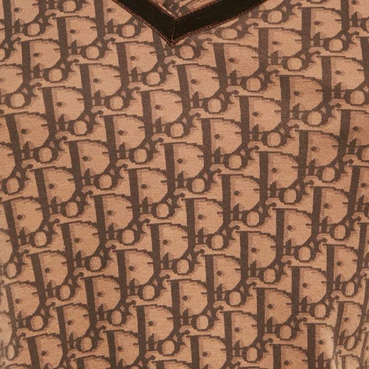 Pre Owned Christian Dior Brown Oblique Jersey V-Neck Top M