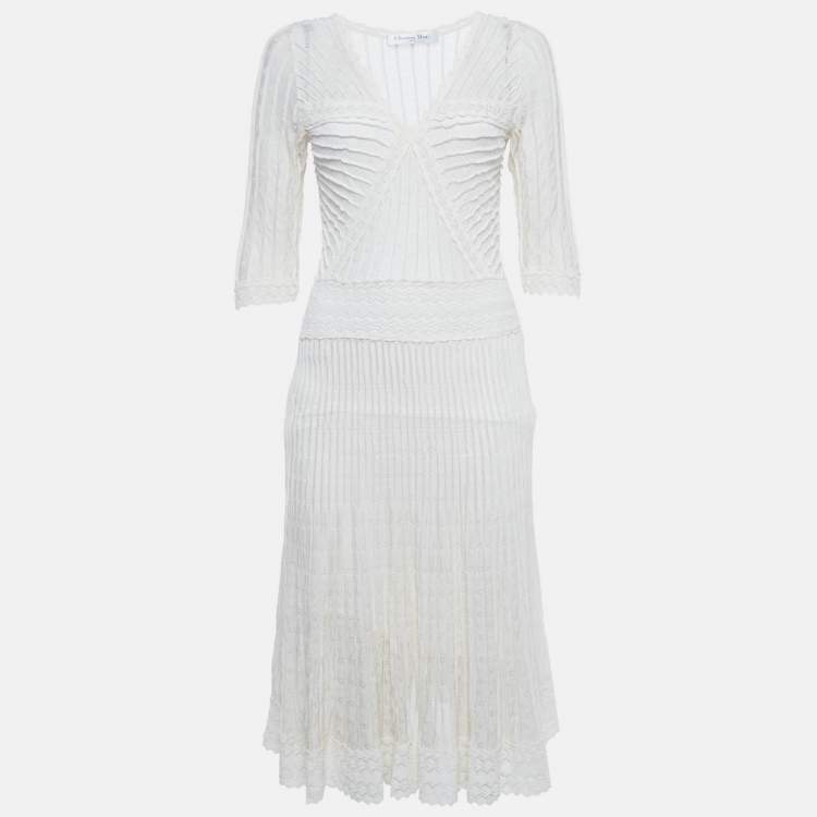 Pre Owned Christian Dior Off-White Pointelle Knit Flared Midi Dress L