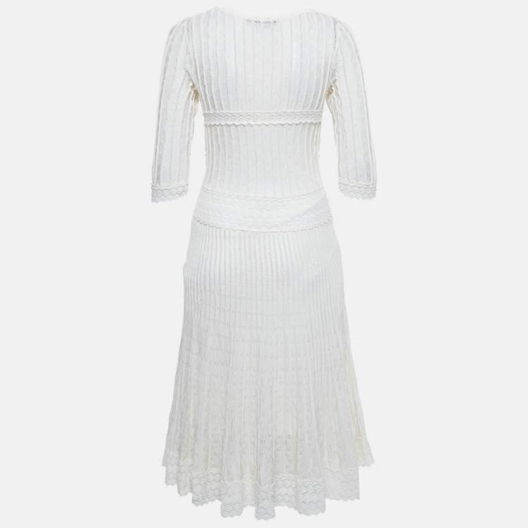 Pre Owned Christian Dior Off-White Pointelle Knit Flared Midi Dress L