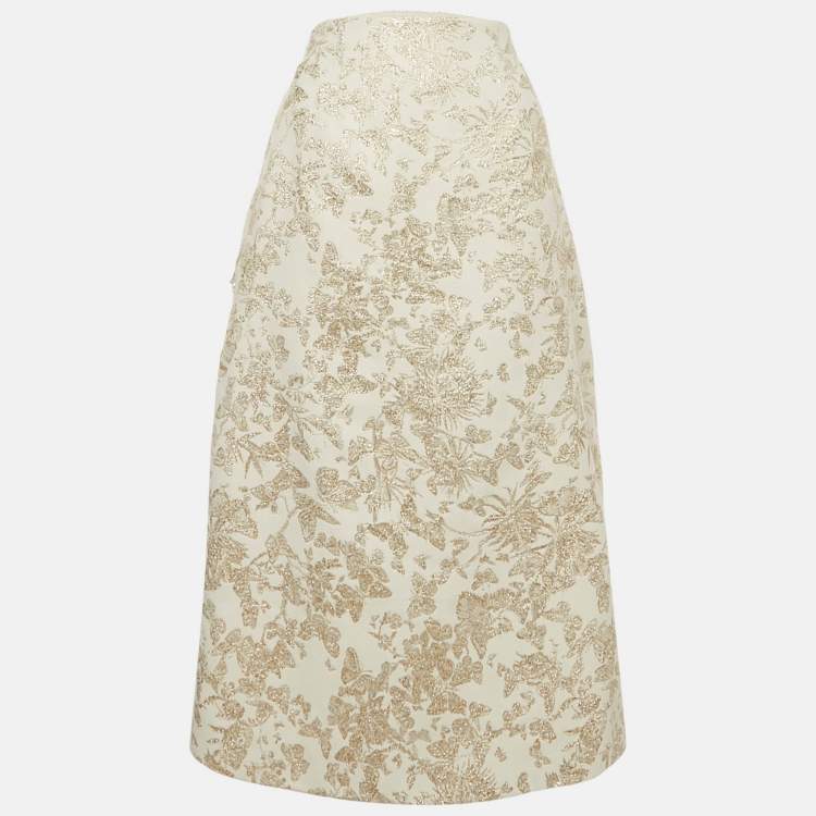 مملوكة مسبقًا Christian Dior White & GolD Brocade Pencil Skirt S