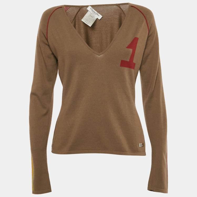 Pre Owned Dior Caramel Brown Long Sleeve V-Neck John Galliano Sweater L