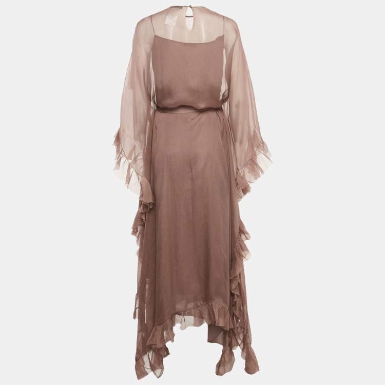 Pre Owned Christian Dior Mauve Silk Ruffled Belted Kaftan Dress L